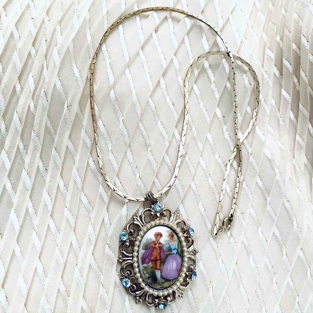 Vintage Elegant Silver and Blue Pendant Necklace. Victorian era style